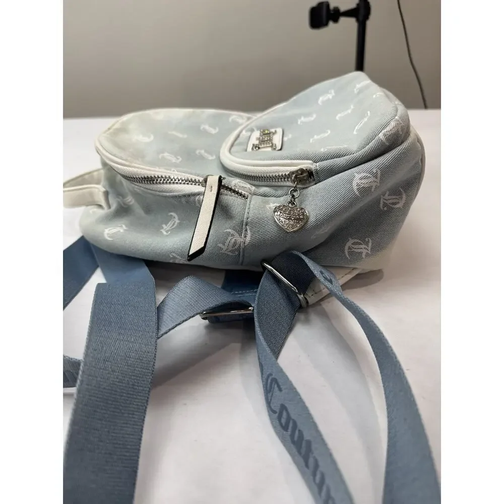 Juicy Couture Logo Mini Backpack Heart Charm Rhinestone Detail Blue Monogram